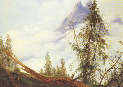 Caspar David Friedrich. Hochgebirgsgipfel mit treib. Wolken