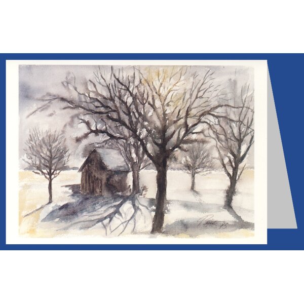 Wolfram Paul. Winterlandschaft mit Holzhütte, 1992