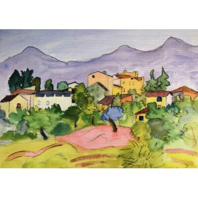 Hermann Hesse. Tessiner Dorf mit Gärten, Bäumen und Bergen, 1823
