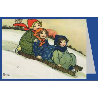 Viktorianische Postkarte. Drei fröhliche Mädchen