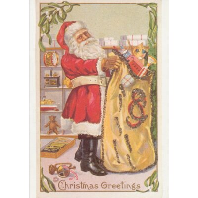 Der Weihnachtsmann füllt den Sack. Altes Motiv um 1900