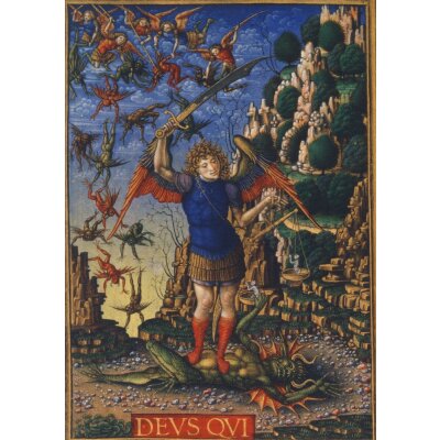 Buchmalerei. Erzengel Michael mit Seelenwaage, um 1490