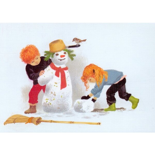 Gerda Muller. Winter, Kinder bauen einen Schneemann. KK