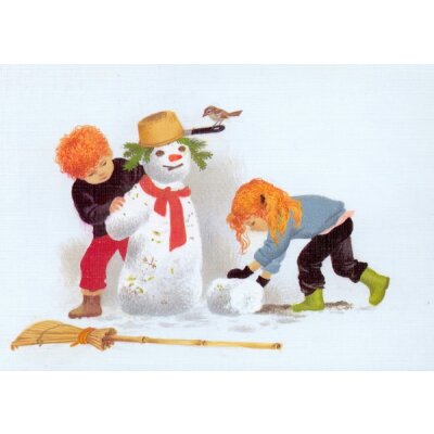 Gerda Muller. Winter, Kinder bauen einen Schneemann. KK