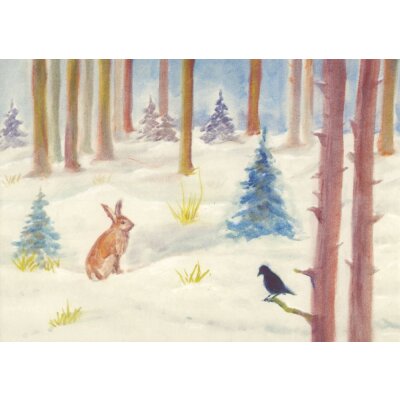 Erika Hoffmann. Winterwald, Hase und Vogel