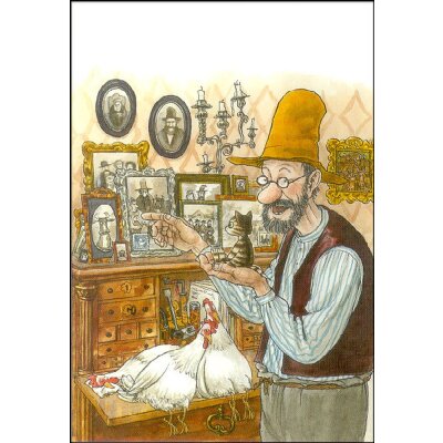 Sven Nordqvist. Pettersson mit Findus in der Hand