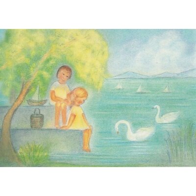 Ruth Elsässer. Juli - Zwei Kinder am Ufer des Sees