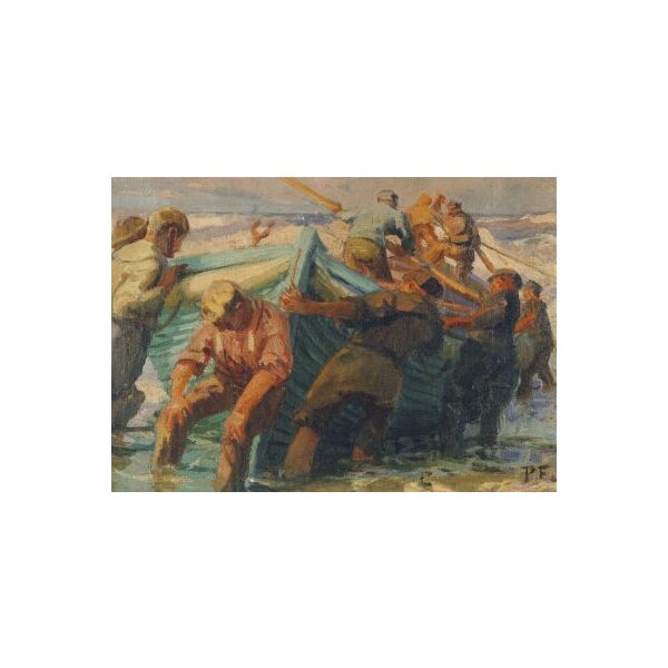Poppe Folkerts. Seeleute, ein Boot zu Wasser bringend, 1911