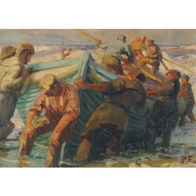 Poppe Folkerts. Seeleute, ein Boot zu Wasser bringend, 1911