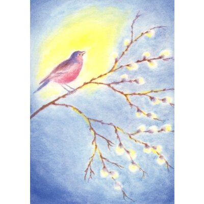 Erika Hoffmann. Vogel auf Kätzchenzweig