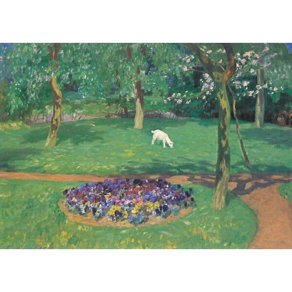 Fritz Overbeck. Sommerliches Gartenbild mit Lämmchen