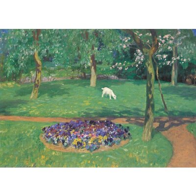 Fritz Overbeck. Sommerliches Gartenbild mit Lämmchen