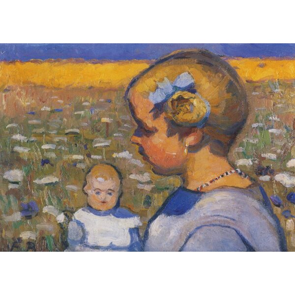 Elisabeth Büchsel. Mädchen mit Puppe vor Blumenwiese.