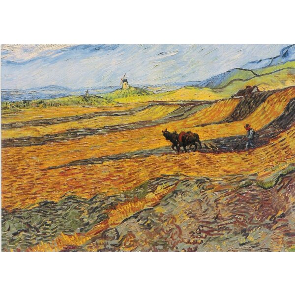 Vincent van Gogh. Acker mit pflügendem Bauern und Mühle