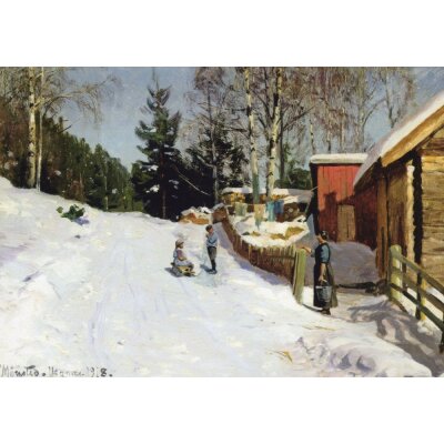 Peder Mønsted. Spielende Kinder auf verschneiter...