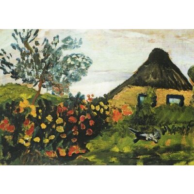Paula Modersohn-Becker. Bauernhaus mit Blumengarten u. Katze