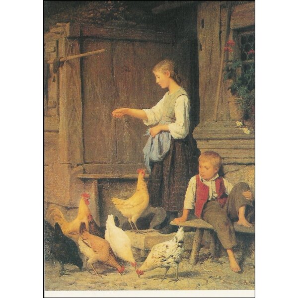 Albert Anker. Mädchen, Hühner fütternd