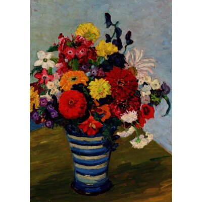 Bertha Schilling. Herbststrauß in blaugeringelter Vase, um 1940