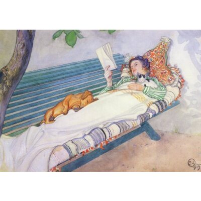 Larsson, C. Lesende Frau auf einer Gartenbank liegend, 1913