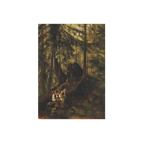 Hans Thoma. Waldinneres mit lesendem Knaben