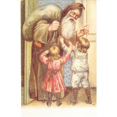 Weihnachtsmann mit zwei Kindern. Altes Motiv um 1900