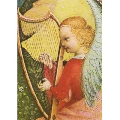 Stefan Lochner. Maria in der Rosenlaube-Harfe spielender Engel