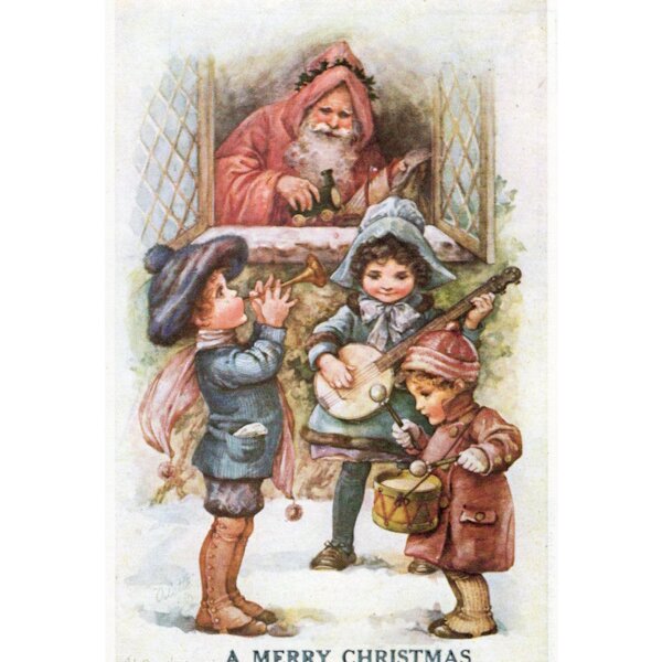 Der Weihnachtsmann mit musikspielenden Kindern  Altes Motiv um 1900