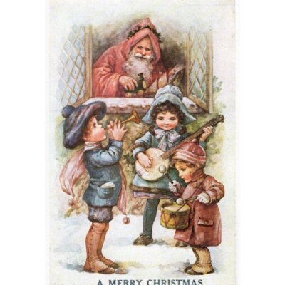 Der Weihnachtsmann mit musikspielenden Kindern  Altes...
