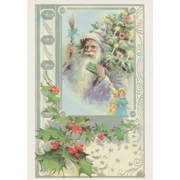 Der Weihnachtsmann mit Spielzeug und Tannenbaum.um1900