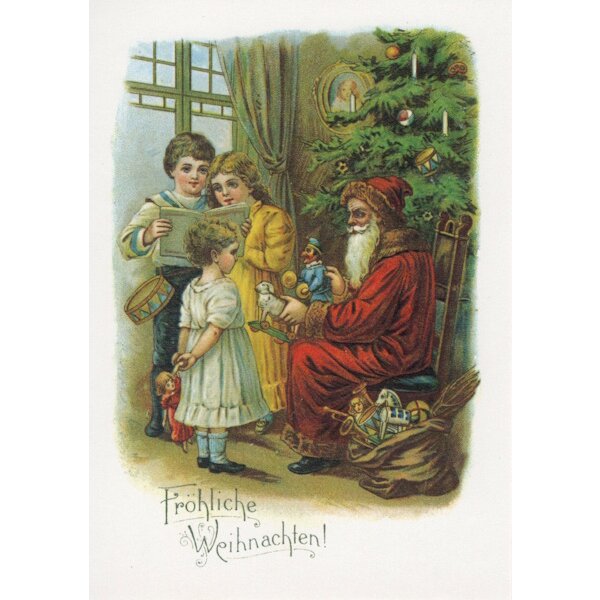 Der Weihnachtsmann beschenkt die Kinder.  Altes Motiv um 1900